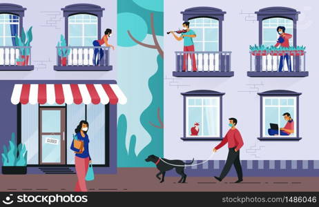 People in windows. Persons on quarantine at their apartments, people on streets in medical masks preventing coronavirus. Vector colored illustration neighbors staying at home. People in windows. Persons on quarantine at their apartments, people on streets in medical masks preventing coronavirus. Vector neighbors staying at home