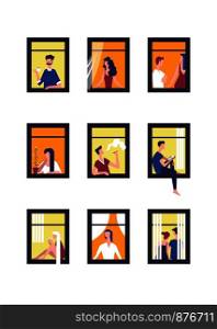 People in windows. Vector man or boy smoking or drinking coffee, woman or girl with flower on sill looking in window, and couple sitting back in house apartments. People in windows vector men and women