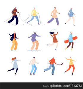 People in winter clothes. Urban man walking, isolated cold season activity. City person going street, woman dressed coat vector illustration. Leisure outdoor, cartoon character with snowboard ski. People in winter clothes. Urban man walking, isolated cold season activity. City person going street, woman dressed coat vector illustration