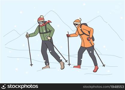 People in winter clothing hike in high mountains. Couple tourists climbers walk through heavy snow on mount peak. Climbing in wild nature, mounteering sport concept. Flat vector illustration.. People hiking climbing snowy winter mountain