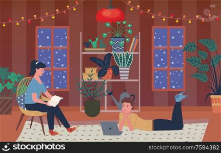People in winter evening spending time at home vector, man and woman, male watching film on laptop and female reading book. Plants in pots and vases. Room of Woman, Male Watching Film on Floor Home