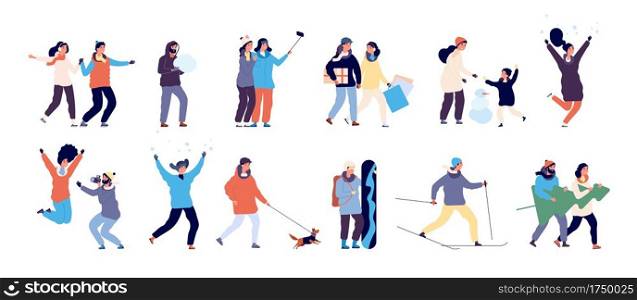 People in winter. Men and women skiing, skating and child making snowman, guy walking dog. Winter activities vector characters set. Illustration winter boy and girl rest christmas season. People in winter. Men and women skiing, skating and child making snowman, guy walking dog. Winter activities vector characters set