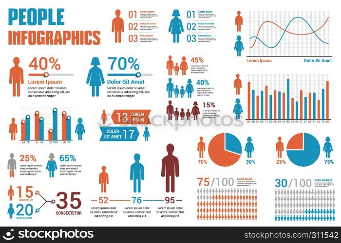 People infographics for reports and presentations - percents, bar and line graphs, pie charts, vector eps10 illustration. People Infographics