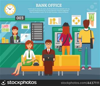 People Inside Bank Office Design Concept . People inside bank office design concept with boy and girl at atm and terminal and customers waiting servicing flat vector illustration