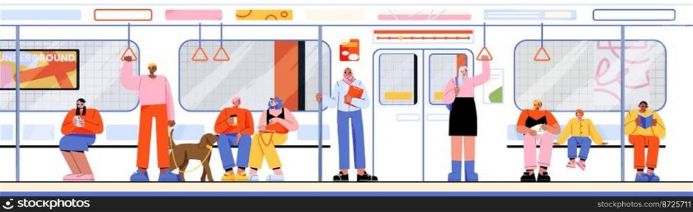People inside of train or subway. Men, women and kids reading book, listen music, sit and stand with pets in metro wagon. Underground railway commuter with passengers, Linear flat vector illustration. People inside of train or subway, underground