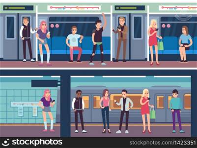 People inside subway. Public transport underground station. Metro platform and train with female and male passengers vector transportation concept. People inside subway. Public transport underground station. Metro platform and train with female and male passengers vector concept