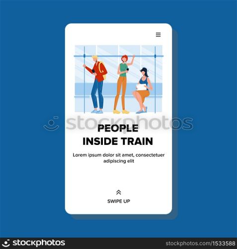 People Inside Train Passengers Traveling Vector. Human Young Man And Woman Traveling In Train Locomotive Wagon, Public Transportation. Characters In City Transport Web Flat Cartoon Illustration. People Inside Train Passengers Traveling Vector