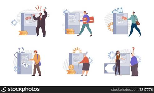 People Interacting with Automated Teller Machine Isolated, Trendy Flat Vector Set. Female Bank Employee Helping Senior Client to Use ATM, Businessman Angry Because of Mini Bank Error Illustrations