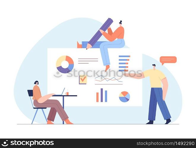 People interacting with charts and analysing statistics. Customer tracking software, data visualisation. Online survey concept with modern characters and web interface. Flat vector illustration.