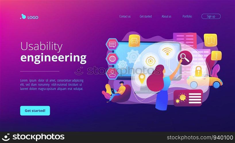 People interacting with technology. Smart, user-oriented design. Intelligent user interface, usability engineering, user experience design concept. Website homepage landing web page template.. Intelligent interface concept landing page