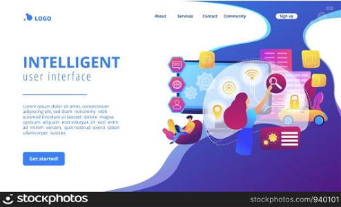 People interacting with technology. Smart, user-oriented design. Intelligent user interface, usability engineering, user experience design concept. Website homepage landing web page template.. Intelligent interface concept landing page