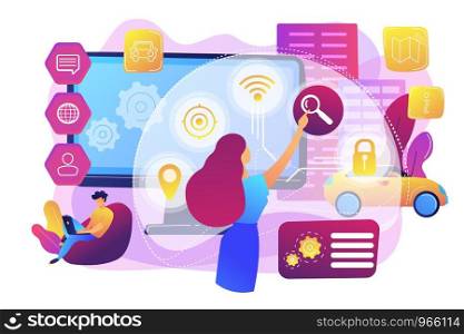People interacting with technology. Smart, user-oriented design. Intelligent user interface, usability engineering, user experience design concept. Bright vibrant violet vector isolated illustration. Intelligent interface concept vector illustration