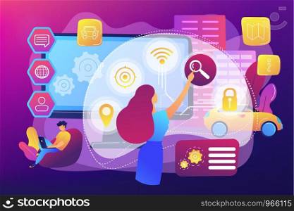 People interacting with technology. Smart, user-oriented design. Intelligent user interface, usability engineering, user experience design concept. Bright vibrant violet vector isolated illustration. Intelligent interface concept vector illustration