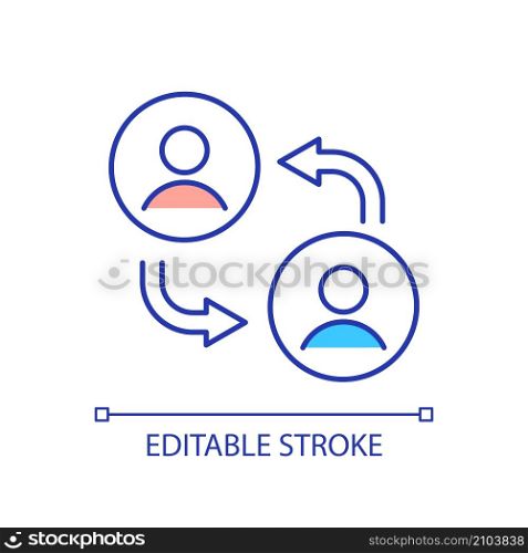 People interaction RGB color icon. Communication and talking. Online users chat. Human cooperation. Isolated vector illustration. Simple filled line drawing. Editable stroke. Arial font used. People interaction RGB color icon