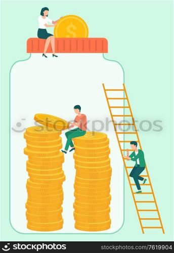 People investing in business vector, isolated jar container with money glass with dollars coins, man woman with financial assets. Person sitting on ladder. New investors. Jar with Dollars and Coins Investment Investors