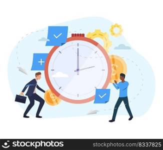 People investing money in watch illustration. Clock, coins, gears. Time is money concept. Vector illustration for topics like finance, investment, startup