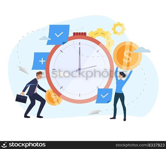 People investing money in watch webpage. Clock, coins, gears. Time is money concept. Vector illustration for topics like finance, investment, startup