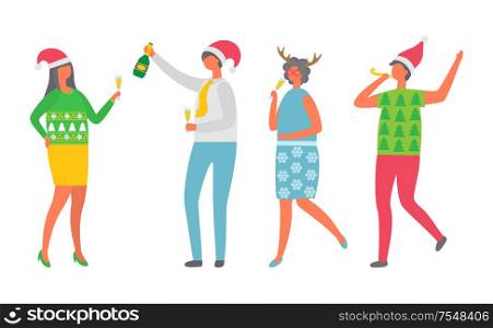 People isolated vector, man with bottle of champagne, woman in Santa Claus hat dancing in cartoon style. Christmas party celebration, colleagues at disco. Christmas Party Celebration, Colleagues at Fest