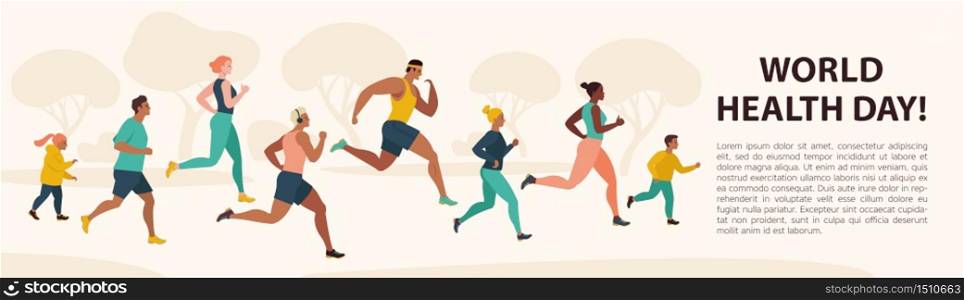 People Jogging Sport Family Fitness Run Training World Health Day 7 April Flat. Vector Illustration.. People Jogging Sport Family Fitness Run Training World Health Day 7 April Flat Vector Illustration.