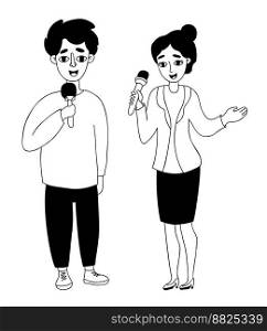 People journalists. Woman and man reporters with microphone. Vector illustration. linear doodle. Conceptual character, modern profession and journalism, work and reporting, media and television
