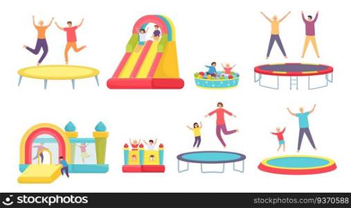 People jump on tr&oline. Happy adults, kids and family bounce on tr&olines, inflatable house and slide. Active entertainment vector set. Illustration tr&oline and playground for children. People jump on tr&oline. Happy adults, kids and family bounce on tr&olines, inflatable house and slide. Active entertainment vector set