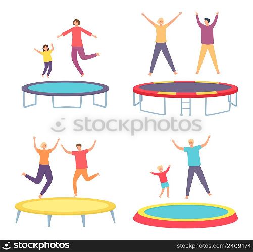 People jump on trampoline. Young man and woman and kids having fun and bouncing. Parent and kid leading active and energetic lifestyle. Characters entertaining or doing sport vector set. People jump on trampoline. Young man and woman and kids having fun and bouncing. Parent and kid leading active lifestyle