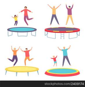 People jump on trampoline. Young man and woman and kids having fun and bouncing. Parent and kid leading active and energetic lifestyle. Characters entertaining or doing sport vector set. People jump on trampoline. Young man and woman and kids having fun and bouncing. Parent and kid leading active lifestyle