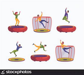 People jumping. Characters attraction on inflatable trampolines teen cheerful tumblers garish vector illustrations isolated. Character trampolining activity. People jumping. Characters attraction on inflatable trampolines teen cheerful tumblers garish vector illustrations isolated