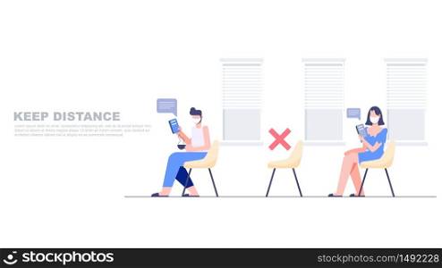 People keep distance in public area entitle empty chair in line. Social distancing concept. New normal lifestyle after covid-19 pandemic flat character design vector illustration.