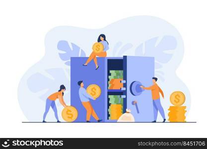 People keeping money in bank, protecting savings in safe. Vector illustration for secure finance, deposit, investment, safety concept