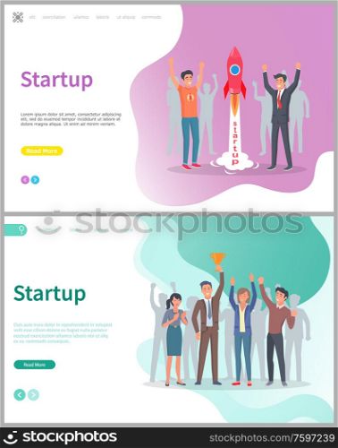 People launching rocket vector, startup business solution. Coworkers happy of successful beginning of project, colleagues with gold award triumph. Website or webpage template, landing page flat style. Startup Launching of New Business Project Web