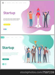 People launching rocket vector, startup business solution. Coworkers happy of successful beginning of project, colleagues with gold award triumph. Website or webpage template, landing page flat style. Startup Launching of New Business Project Web
