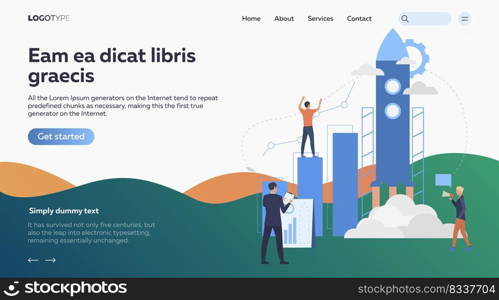 People launching startup. Chart, rocket, startup flat vector illustration. Business concept for banner, website design or landing web page