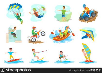 People leading active lifestyle vector, set of person. Parkour and windsurfing, hang gliding and skydiving, bungee jumping and highlining, rafting water. Water Fun and Extreme Sports Set of People Hobby