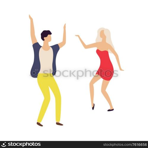 People leading active night life vector, man and woman dancing in club isolated. Couple having fun flat style, dancers jumping and moving in rhythm. Couple Dancing in Club, Partying Man and Woman