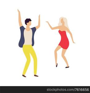 People leading active night life vector, man and woman dancing in club isolated. Couple having fun flat style, dancers jumping and moving in rhythm. Couple Dancing in Club, Partying Man and Woman