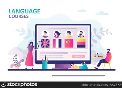 People learn foreign languages online on laptop. Female character studying profiles of teachers. Concept of online education and languages courses. Banner in trendy style. Flat vector illustration. People learn foreign languages online on laptop. Female character studying profiles of teachers. Concept of online education and languages courses