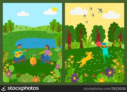 People leisure in park, green grass and trees, man and woman sitting near bonfire with guitar, child playing ball with dog, forest or park, nature vector. Picnic and Activity in Park, Green Nature Vector