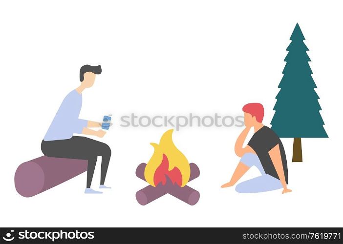People leisure near bonfire, side view of man and woman characters sitting on log and floor, friends speaking near balefire, woods and tree, outdoor vector. Friends near Bonfire, Leisure and Picnic Vector