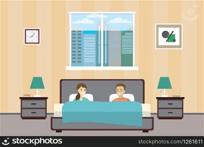 People lie in bed, caucasian couple in bedroom, Home Interior with furniture,flat design.cartoon vector illustration