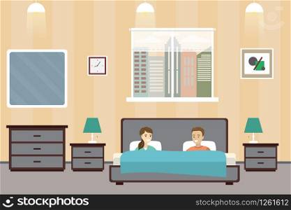 People lie in bed, caucasian love couple in bedroom, Home Interior with furniture,flat design.cartoon vector illustration