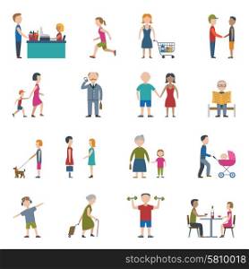 People Lifestyle Icon Set. People lifestyle man and woman in work and daily situation flat color icon set isolated vector illustration