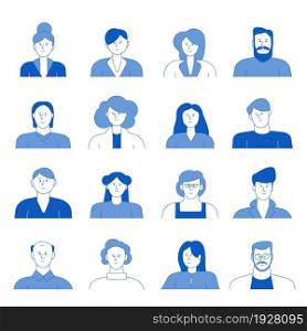 People line avatars. Flat person icon, woman man avatar. Isolated adults, student or business profile image. Chat user recent vector characters. Illustration of avatar human, person portrait. People line avatars. Flat person icon, woman man avatar. Isolated adults, student or business profile image. Chat user recent vector characters