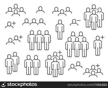 People line icons. Business people groups outline pictograms, add friend request, communication, teamwork and human crowd vector signs