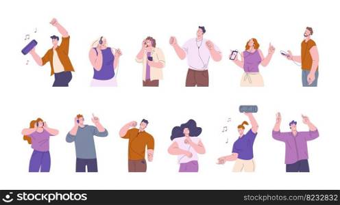 People listen music in headphones. Student characters with smartphone and bluetooth music speaker. Fun kicky young dancing vector flat teenagers set of headphones music illustration. People listen music in headphones. Student characters with smartphone and bluetooth music speaker. Fun kicky young dancing vector flat teenagers set