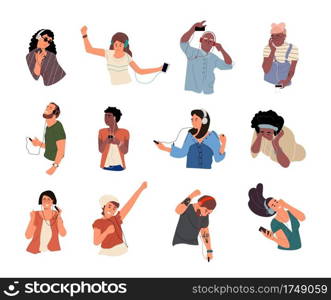 People listen music on smartphone. Dancing young characters with mobile and headphones. Boys and girls singing song, men and women leisure time and entertainment, modern cartoon vector isolated set. People listen music on smartphone. Dancing young characters with mobile and headphones. Boys and girls singing song, men and women leisure time, modern cartoon vector isolated set