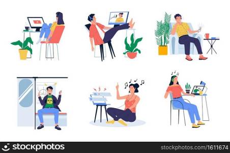 People listen podcast. Cartoon young men and women with headphones listening interview or music. Isolated characters watching video blogs in transport or at home. Modern leisure pastime, vector set. People listen podcast. Cartoon men and women with headphones listening interview or music. Characters watching video blogs in transport or at home. Modern leisure pastime, vector set