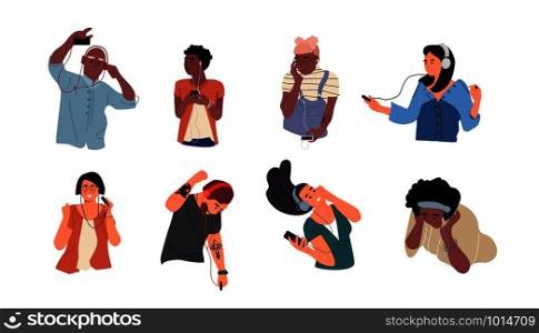 People listen to music. Dancing cartoon young characters with smartphones and headphones. Vector illustrations isolated happy teenagers listening smartphone through earphones set. People listen to music. Dancing cartoon young characters with smartphones and headphones. Vector happy teenagers set