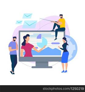People Listen Woman on Huge Screen with Graphs. Business Training Event. Remote Corporate Teaching Meeting. Online Webinar. Web Conference Employee Training Session. Cartoon Flat Vector Illustration.. People Listen Woman on Huge Screen with Graphs.