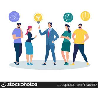 People Listening and Interacting with Businessman in Formal Suit Point on Light Bulb Isolated on White Background Communication Icons Around. Business Training Idea. Cartoon Flat Vector Illustration.. People Listening and Interacting with Businessman